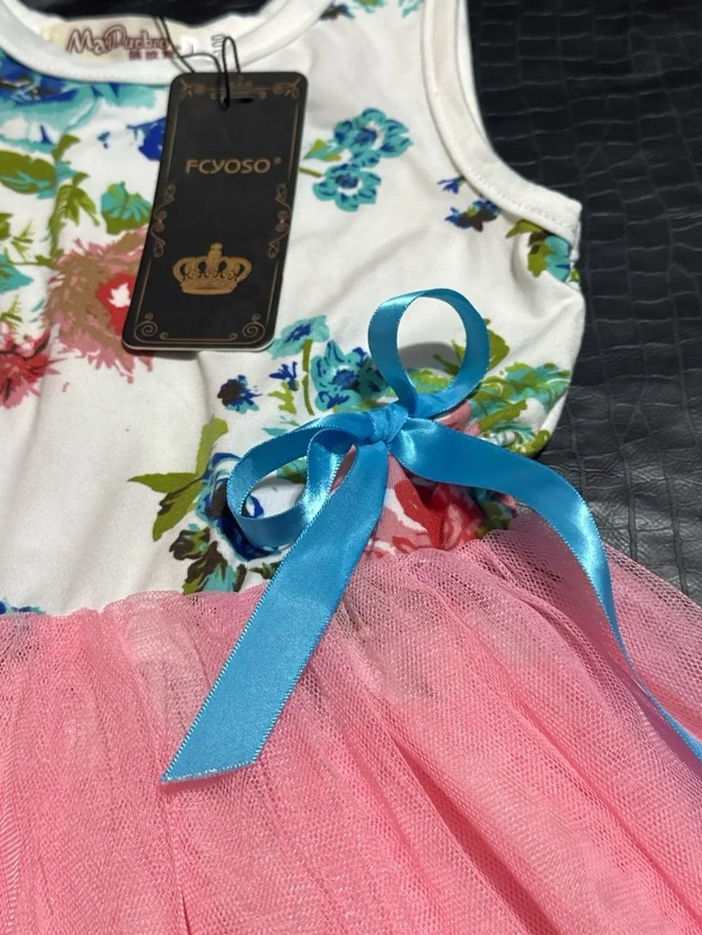 Floral Tank Dress with Pink Tulle Skirt and Blue Ribbon